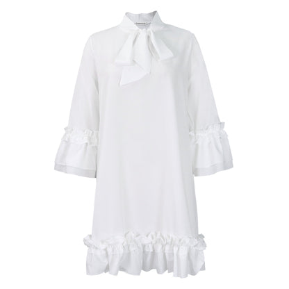Elegant Bow Tie Mini Dress for Women with Stand Collar Bell Sleeve Tiered Ruffle Hem Cocktail Style