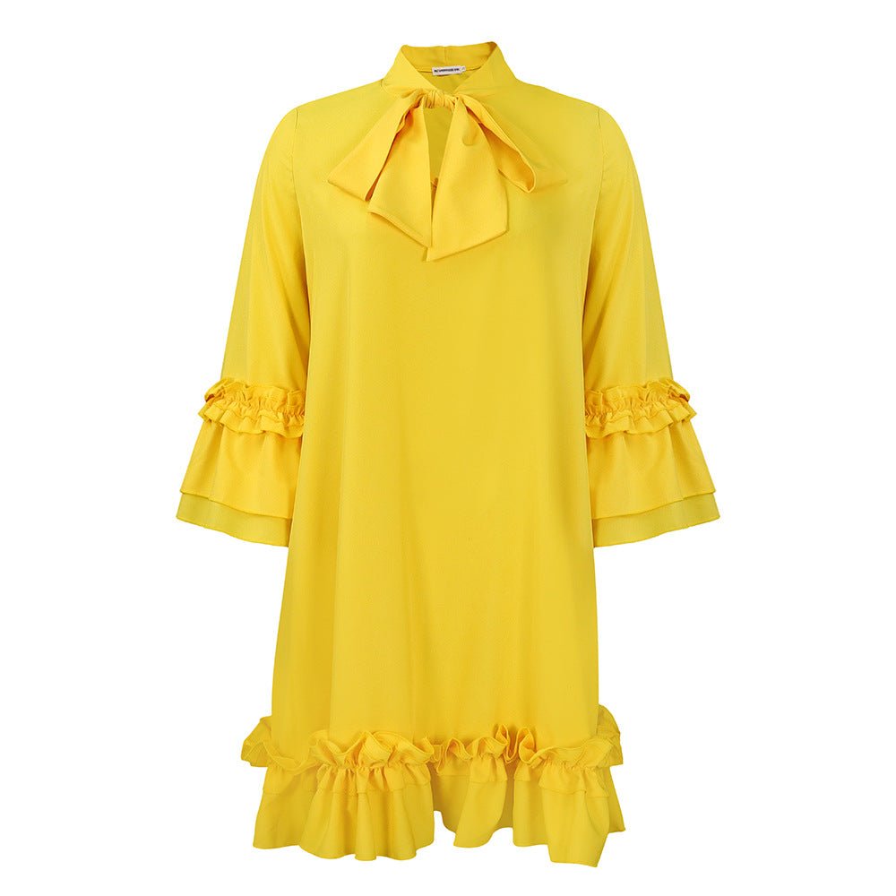 Elegant Bow Tie Mini Dress for Women with Stand Collar Bell Sleeve Tiered Ruffle Hem Cocktail Style