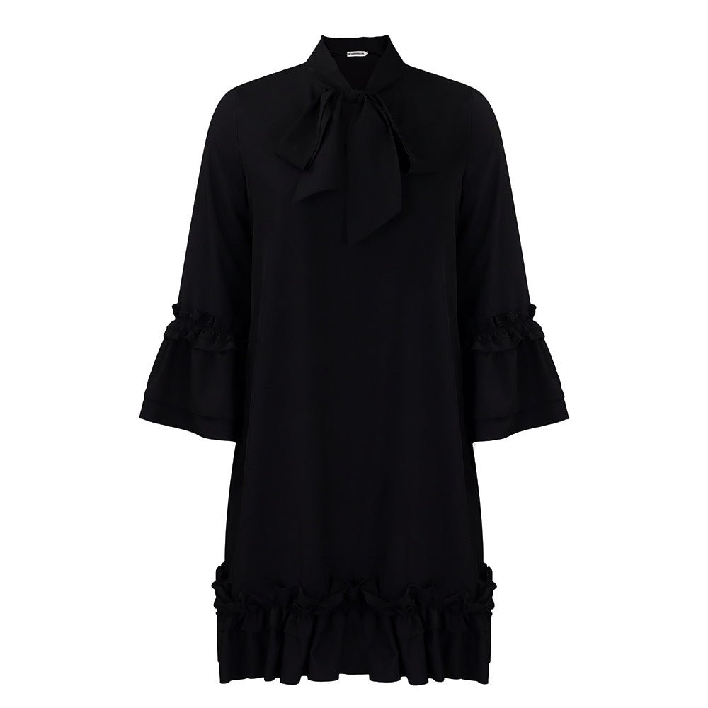 Elegant Bow Tie Mini Dress for Women with Stand Collar Bell Sleeve Tiered Ruffle Hem Cocktail Style