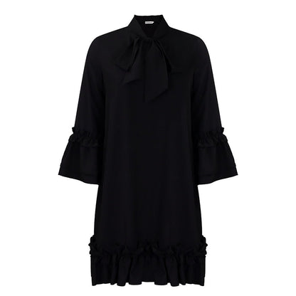 Elegant Bow Tie Mini Dress for Women with Stand Collar Bell Sleeve Tiered Ruffle Hem Cocktail Style