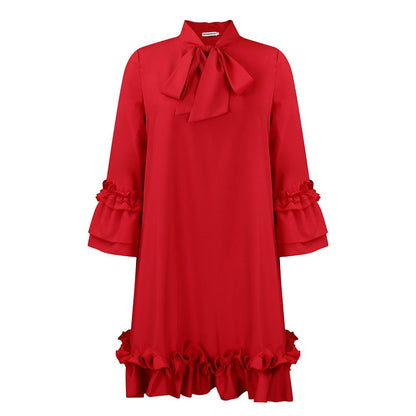 Elegant Bow Tie Mini Dress for Women with Stand Collar Bell Sleeve Tiered Ruffle Hem Cocktail Style