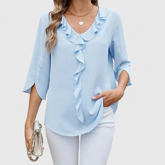 Effortless Chiffon Ruffle Blouse for Women with V Neck Split Sleeve Relaxed Flowing Style