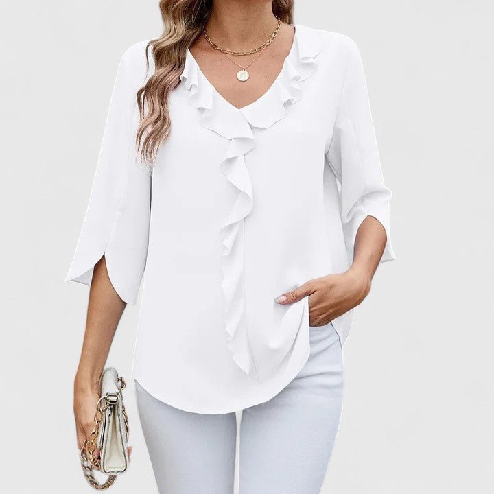 Effortless Chiffon Ruffle Blouse for Women with V Neck Split Sleeve Relaxed Flowing Style