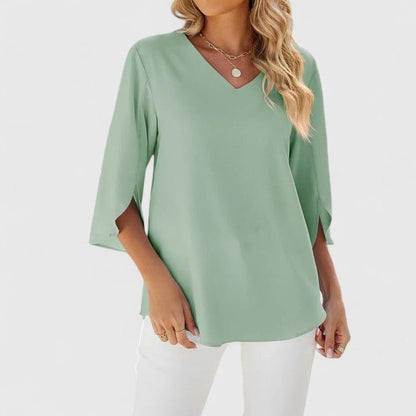 Effortless Chiffon Ruffle Blouse for Women with V Neck Split Sleeve Relaxed Flowing Style