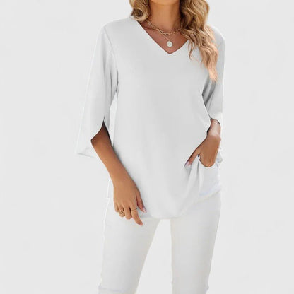 Effortless Chiffon Ruffle Blouse for Women with V Neck Split Sleeve Relaxed Flowing Style