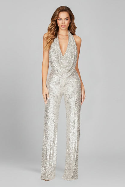 Elegant Sequin Jumpsuit for Women with Cowl Neck Halter Backless Wide Leg Formal Party Style