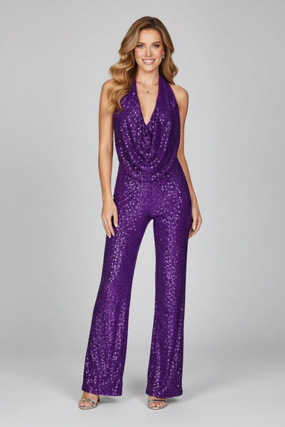 Elegant Sequin Jumpsuit for Women with Cowl Neck Halter Backless Wide Leg Formal Party Style