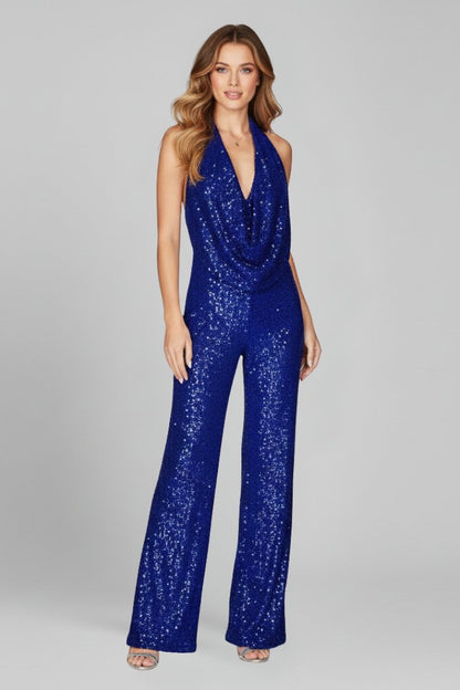 Elegant Sequin Jumpsuit for Women with Cowl Neck Halter Backless Wide Leg Formal Party Style