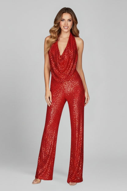Elegant Sequin Jumpsuit for Women with Cowl Neck Halter Backless Wide Leg Formal Party Style