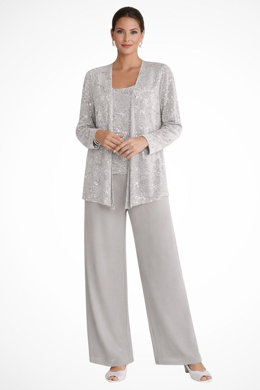 Elegant Sequin Lace Three Piece Set for Women with Open Front Jacket Wide Leg Pant Formal Style