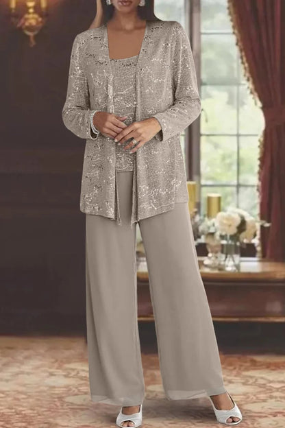 Elegant Sequin Lace Three Piece Set for Women with Open Front Jacket Wide Leg Pant Formal Style