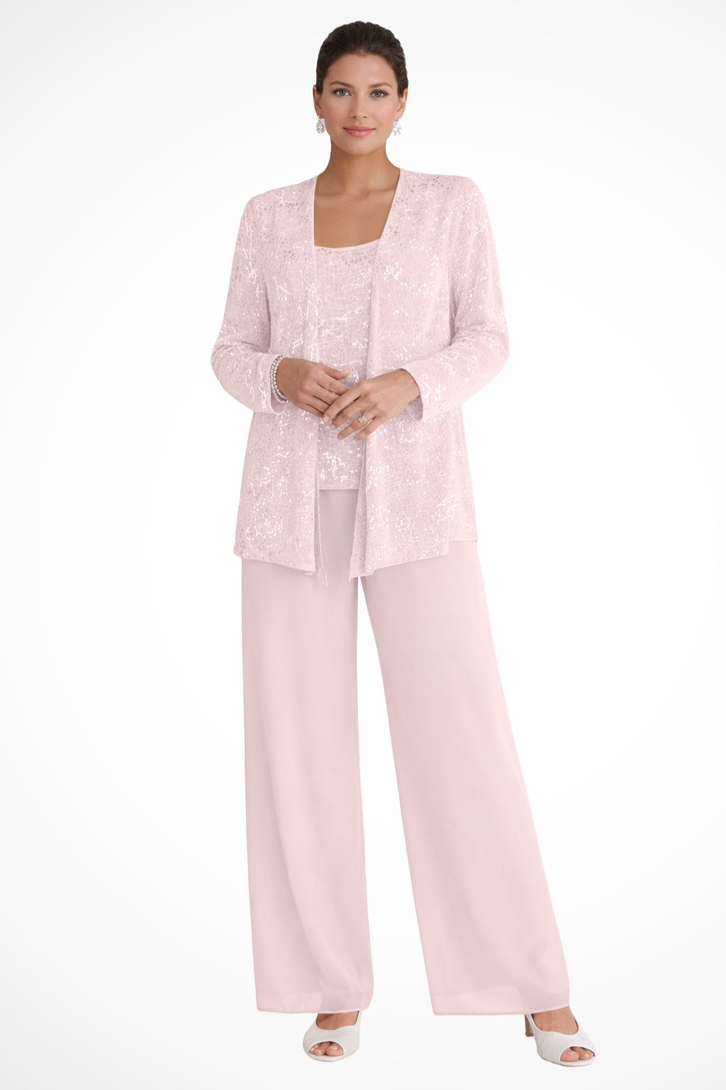 Elegant Sequin Lace Three Piece Set for Women with Open Front Jacket Wide Leg Pant Formal Style