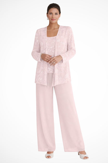 Elegant Sequin Lace Three Piece Set for Women with Open Front Jacket Wide Leg Pant Formal Style