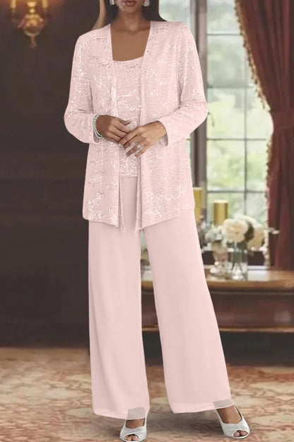 Elegant Sequin Lace Three Piece Set for Women with Open Front Jacket Wide Leg Pant Formal Style
