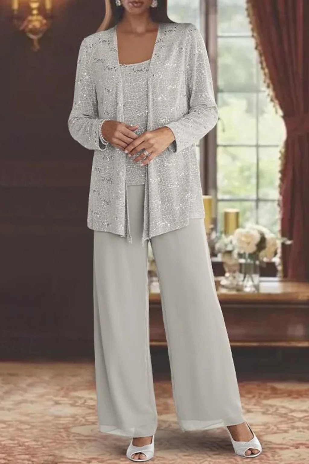 Elegant Sequin Lace Three Piece Set for Women with Open Front Jacket Wide Leg Pant Formal Style