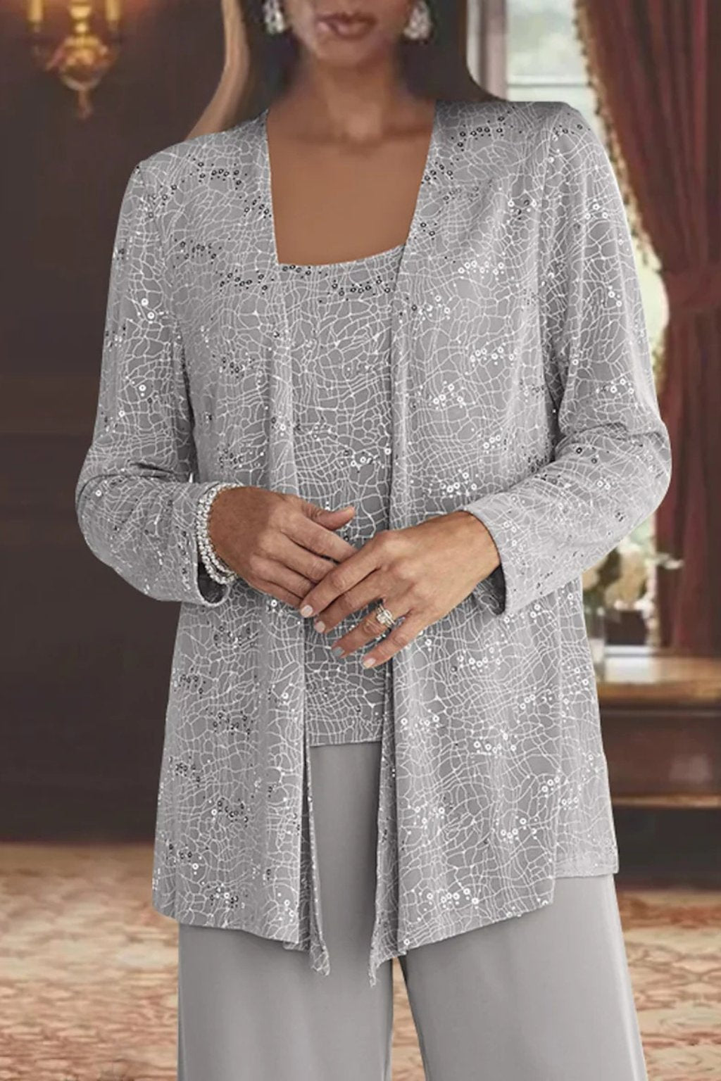 Elegant Sequin Lace Three Piece Set for Women with Open Front Jacket Wide Leg Pant Formal Style