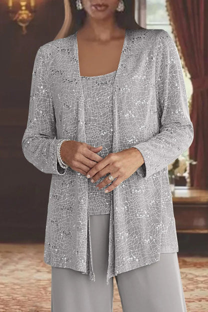 Elegant Sequin Lace Three Piece Set for Women with Open Front Jacket Wide Leg Pant Formal Style