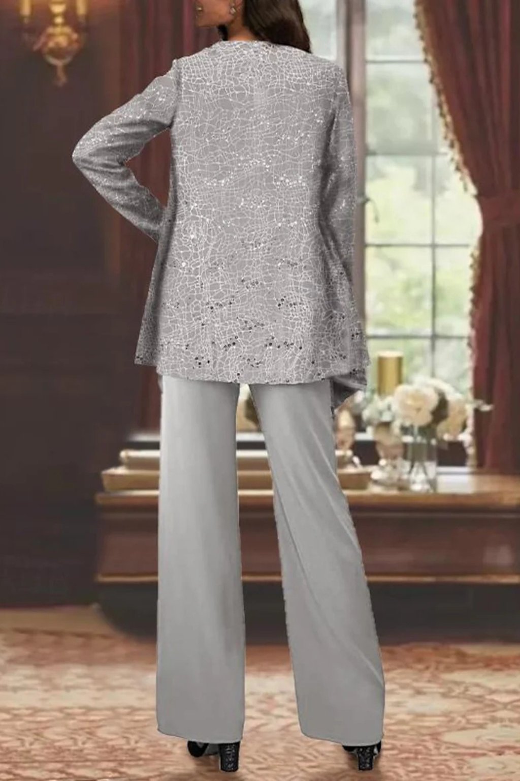 Elegant Sequin Lace Three Piece Set for Women with Open Front Jacket Wide Leg Pant Formal Style