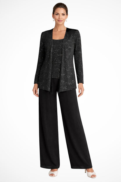 Elegant Sequin Lace Three Piece Set for Women with Open Front Jacket Wide Leg Pant Formal Style