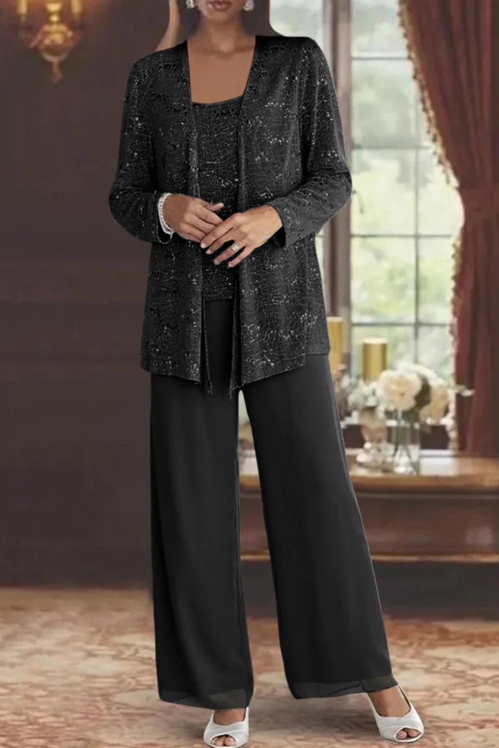 Elegant Sequin Lace Three Piece Set for Women with Open Front Jacket Wide Leg Pant Formal Style