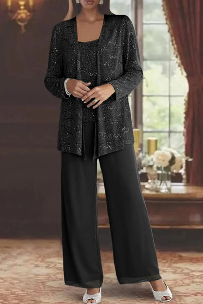 Elegant Sequin Lace Three Piece Set for Women with Open Front Jacket Wide Leg Pant Formal Style