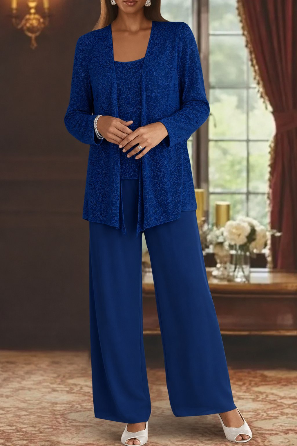 Elegant Sequin Lace Three Piece Set for Women with Open Front Jacket Wide Leg Pant Formal Style