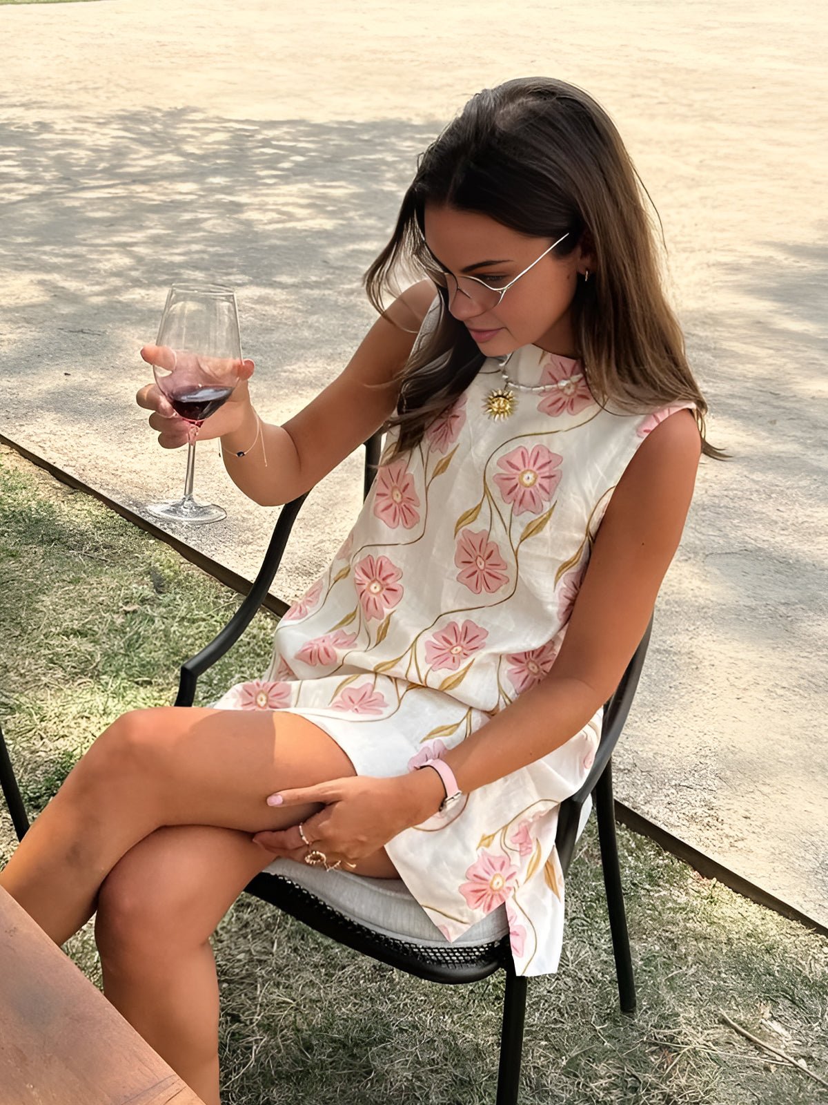 Elegant White Floral Linen Mini Dress for Women with High Neck Sleeveless A Line Flowy Style