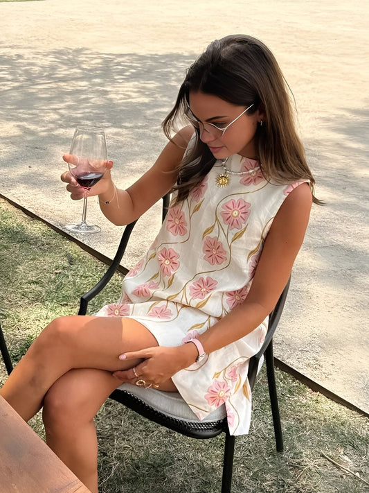 Elegant White Floral Linen Mini Dress for Women with High Neck Sleeveless A Line Flowy Style