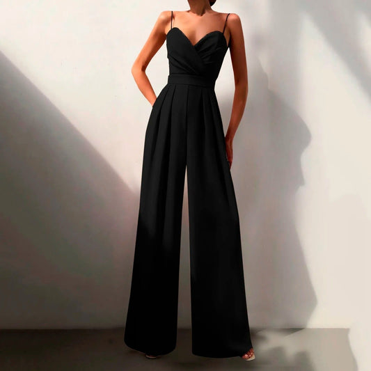 Elegant Wide Leg Jumpsuit for Women with Sweetheart Neck Spaghetti Strap Pleated Formal Style
