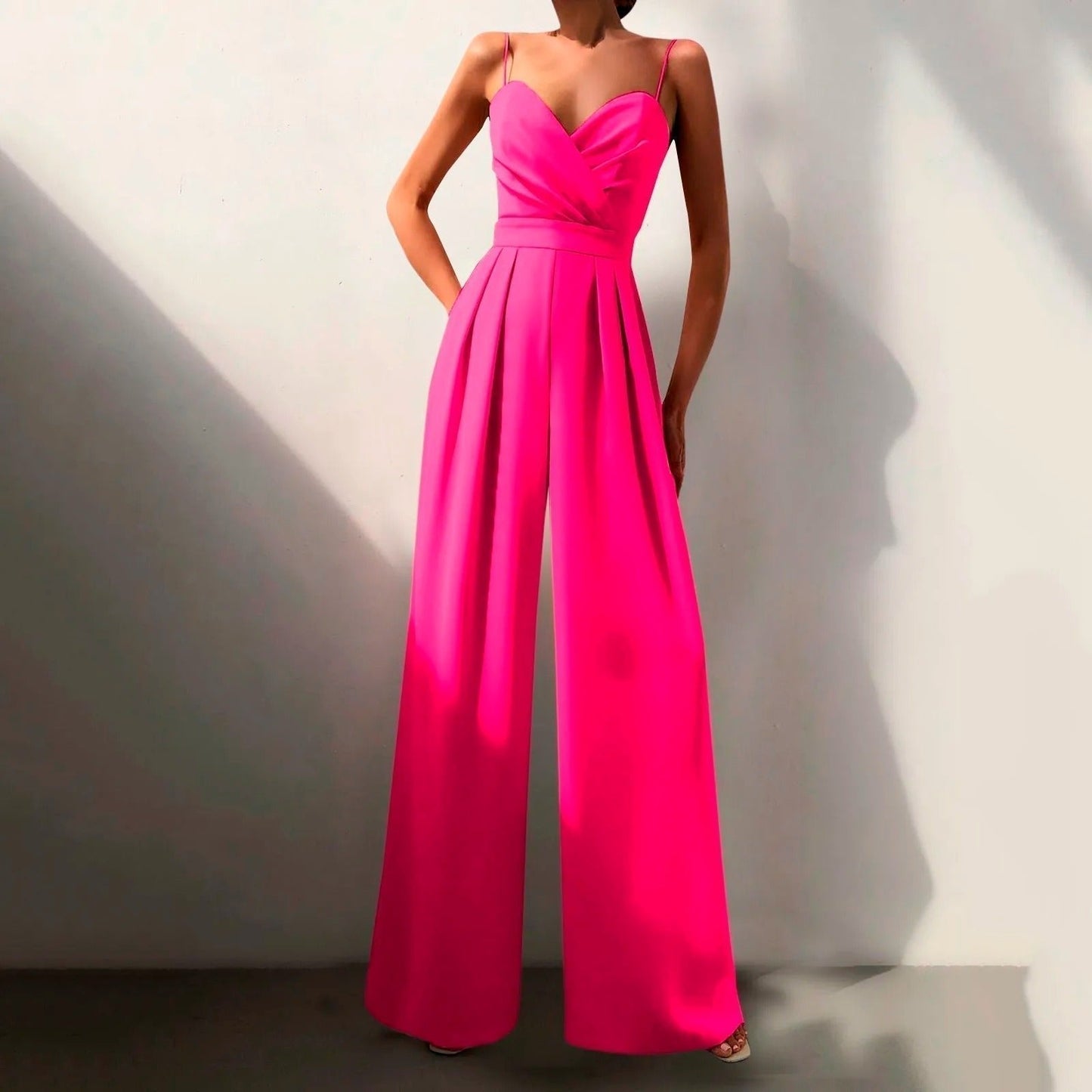 Elegant Wide Leg Jumpsuit for Women with Sweetheart Neck Spaghetti Strap Pleated Formal Style