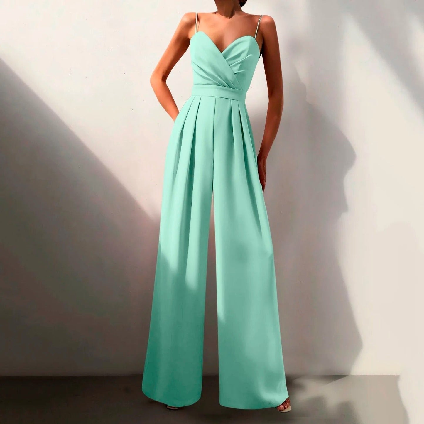 Elegant Wide Leg Jumpsuit for Women with Sweetheart Neck Spaghetti Strap Pleated Formal Style