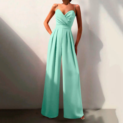 Elegant Wide Leg Jumpsuit for Women with Sweetheart Neck Spaghetti Strap Pleated Formal Style