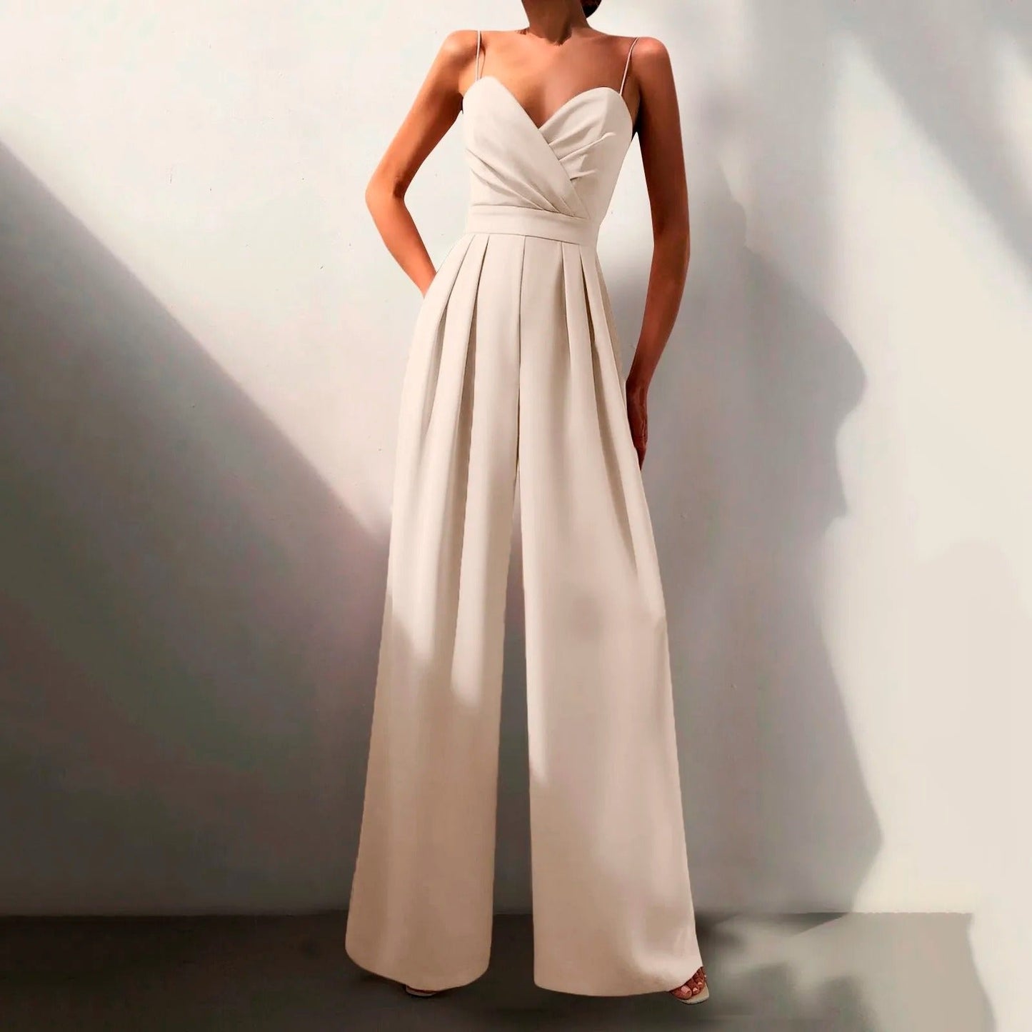 Elegant Wide Leg Jumpsuit for Women with Sweetheart Neck Spaghetti Strap Pleated Formal Style