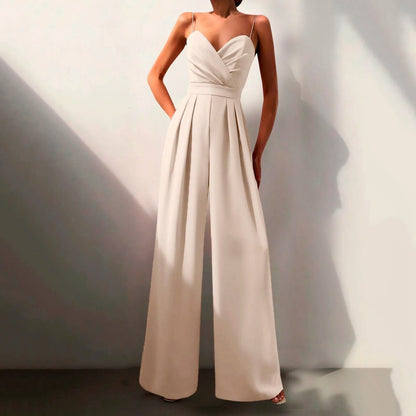 Elegant Wide Leg Jumpsuit for Women with Sweetheart Neck Spaghetti Strap Pleated Formal Style