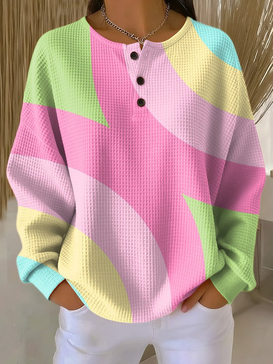 Effortless Pink Colorblock Waffle Knit Henley Top for Women with Button Front Long Sleeve Oversized Relaxed Style