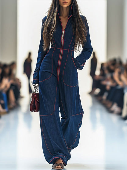 Elegant Dark Blue Denim Jumpsuit for Women with Mock Neck Long Sleeve Wide Leg Contrast Stitch Style