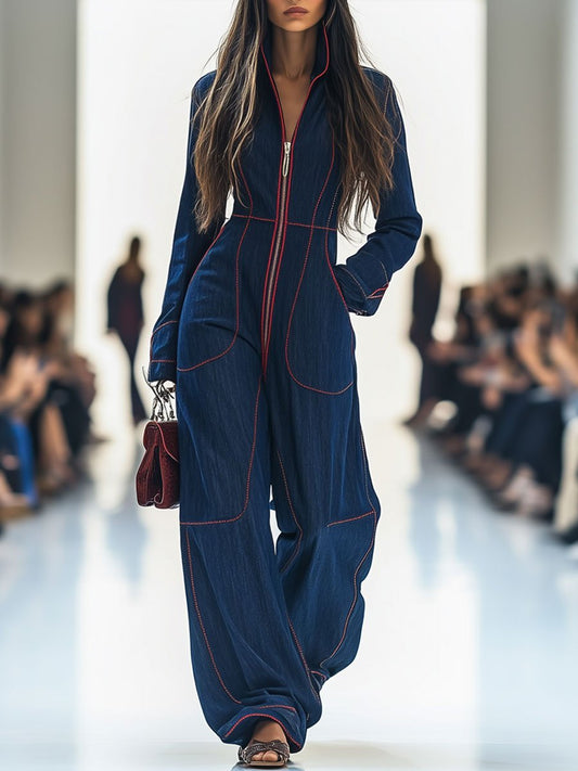 Elegant Dark Blue Denim Jumpsuit for Women with Mock Neck Long Sleeve Wide Leg Contrast Stitch Style