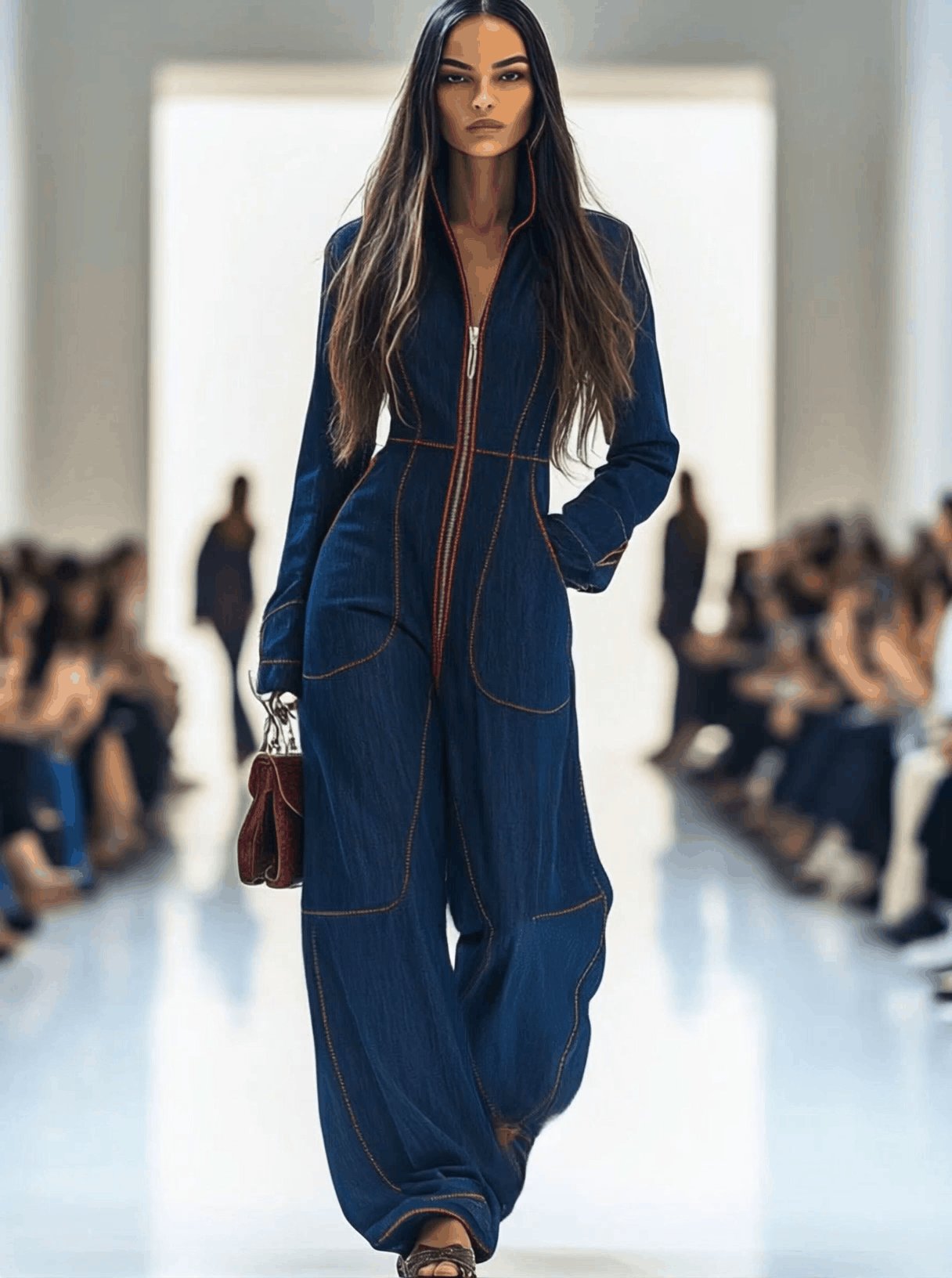 Elegant Dark Blue Denim Jumpsuit for Women with Mock Neck Long Sleeve Wide Leg Contrast Stitch Style