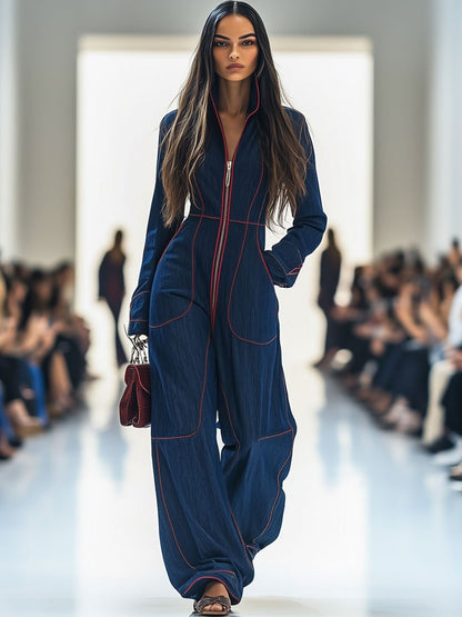 Elegant Dark Blue Denim Jumpsuit for Women with Mock Neck Long Sleeve Wide Leg Contrast Stitch Style