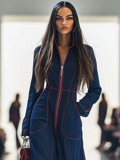 Elegant Dark Blue Denim Jumpsuit for Women with Mock Neck Long Sleeve Wide Leg Contrast Stitch Style
