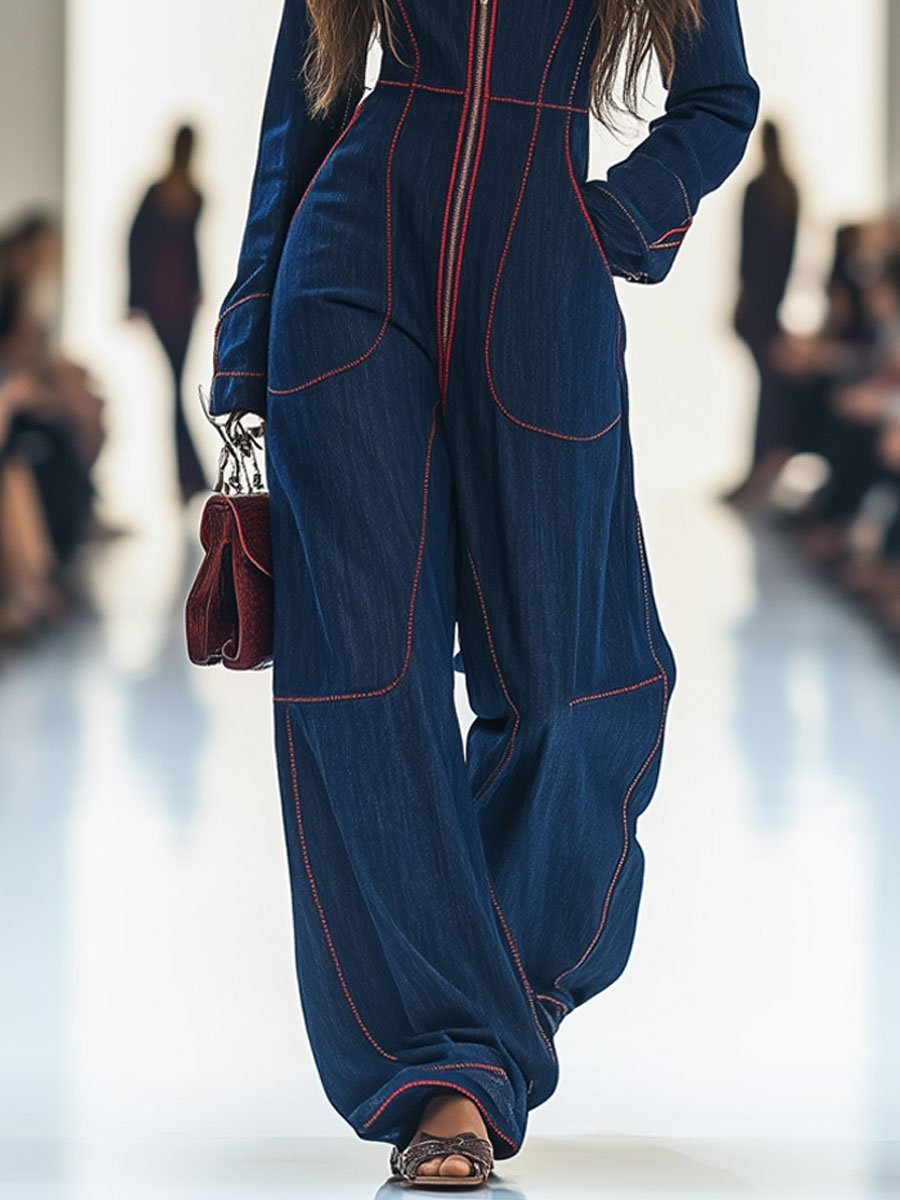 Elegant Dark Blue Denim Jumpsuit for Women with Mock Neck Long Sleeve Wide Leg Contrast Stitch Style