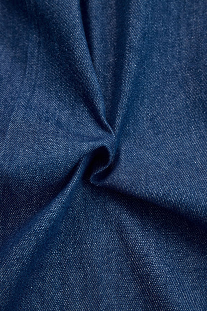 Elegant Dark Blue Denim Jumpsuit for Women with Mock Neck Long Sleeve Wide Leg Contrast Stitch Style