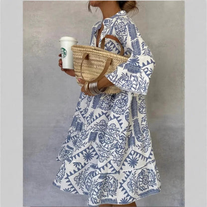 Effortless Boho Print Midi Dress for Women with V Neck Bell Sleeve Tiered Ruffle Flowing Style