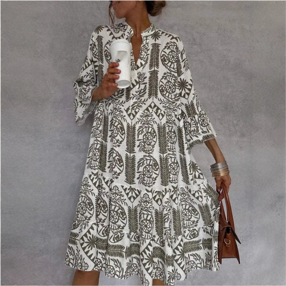 Effortless Boho Print Midi Dress for Women with V Neck Bell Sleeve Tiered Ruffle Flowing Style