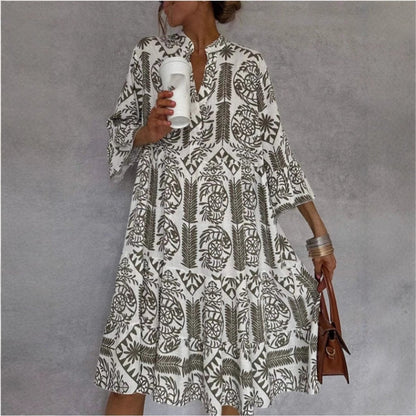 Effortless Boho Print Midi Dress for Women with V Neck Bell Sleeve Tiered Ruffle Flowing Style