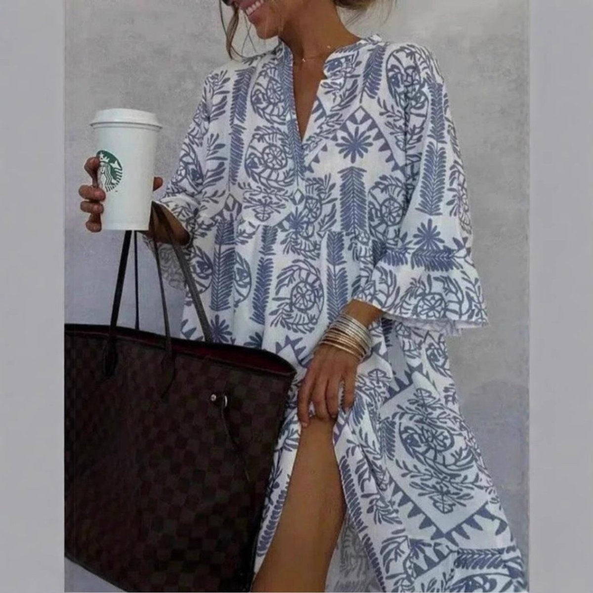 Effortless Boho Print Midi Dress for Women with V Neck Bell Sleeve Tiered Ruffle Flowing Style