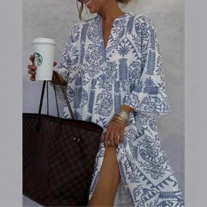Effortless Boho Print Midi Dress for Women with V Neck Bell Sleeve Tiered Ruffle Flowing Style