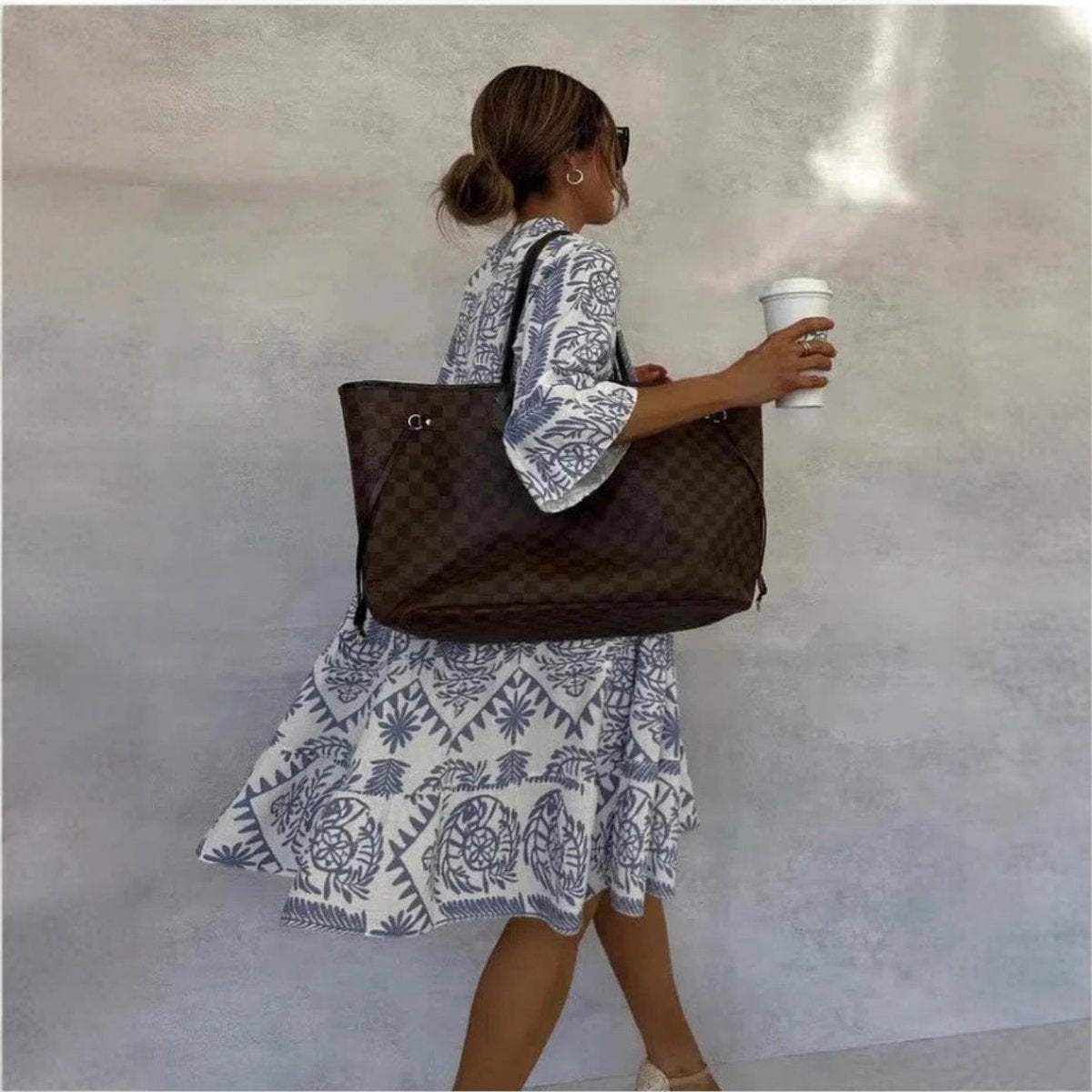 Effortless Boho Print Midi Dress for Women with V Neck Bell Sleeve Tiered Ruffle Flowing Style