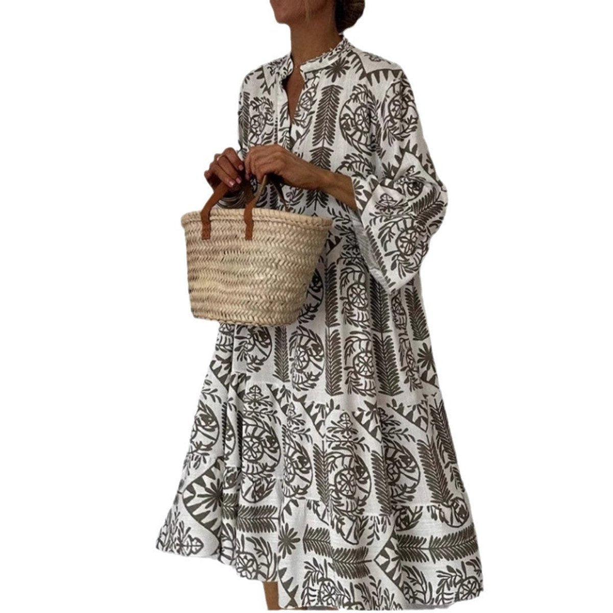 Effortless Boho Print Midi Dress for Women with V Neck Bell Sleeve Tiered Ruffle Flowing Style
