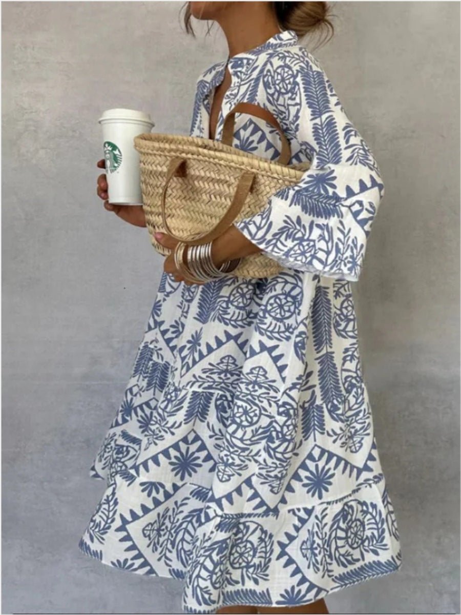 Effortless Boho Print Midi Dress for Women with V Neck Bell Sleeve Tiered Ruffle Flowing Style